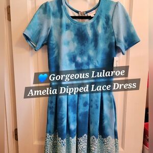 LuLaRoe Amelia Blue Tie Dye Dress Lace Dipped Medium Unicorn Vintage New Small